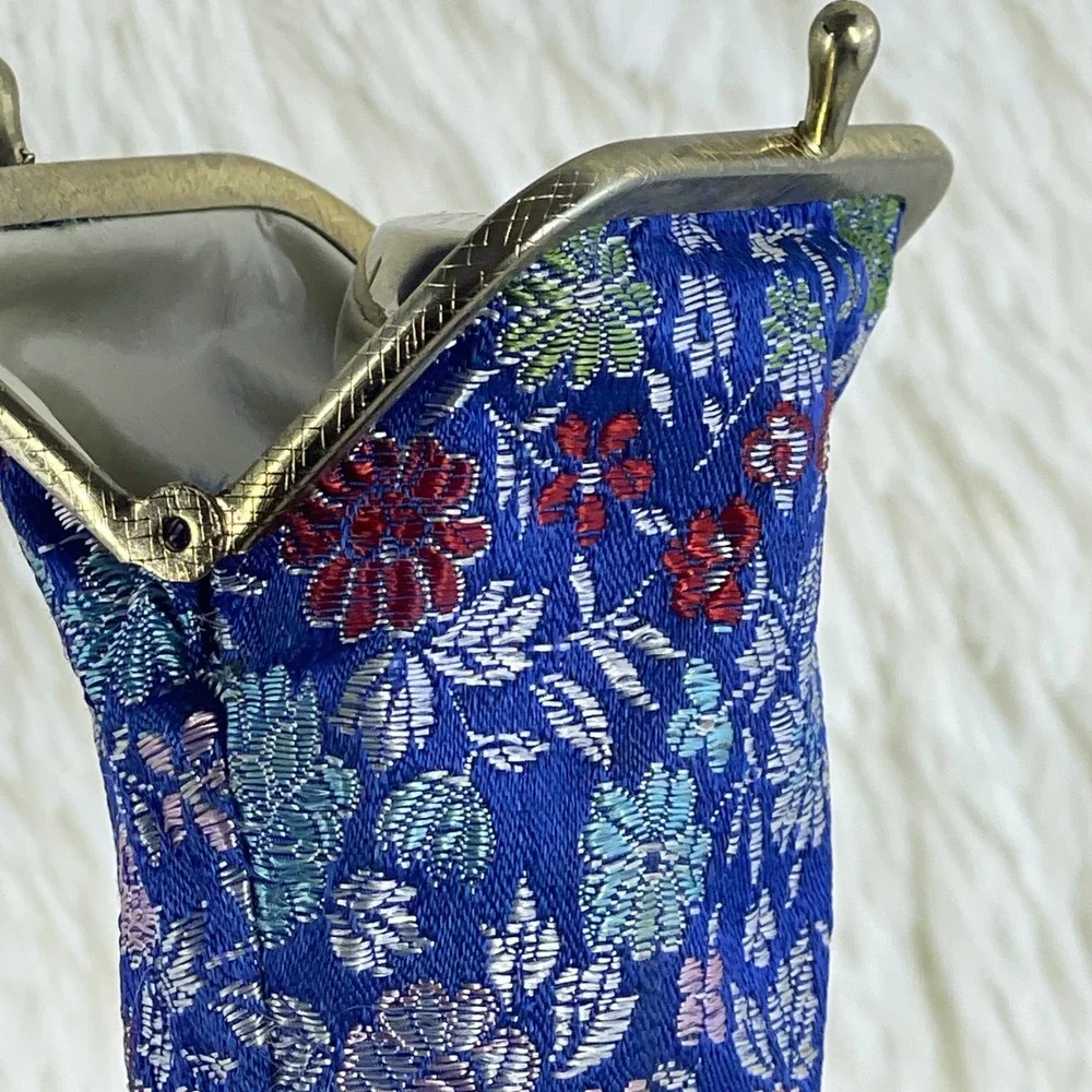 Vintage German Glass‎ Hip Flask Silver Top with Blue Floral Brocade Pouch Case